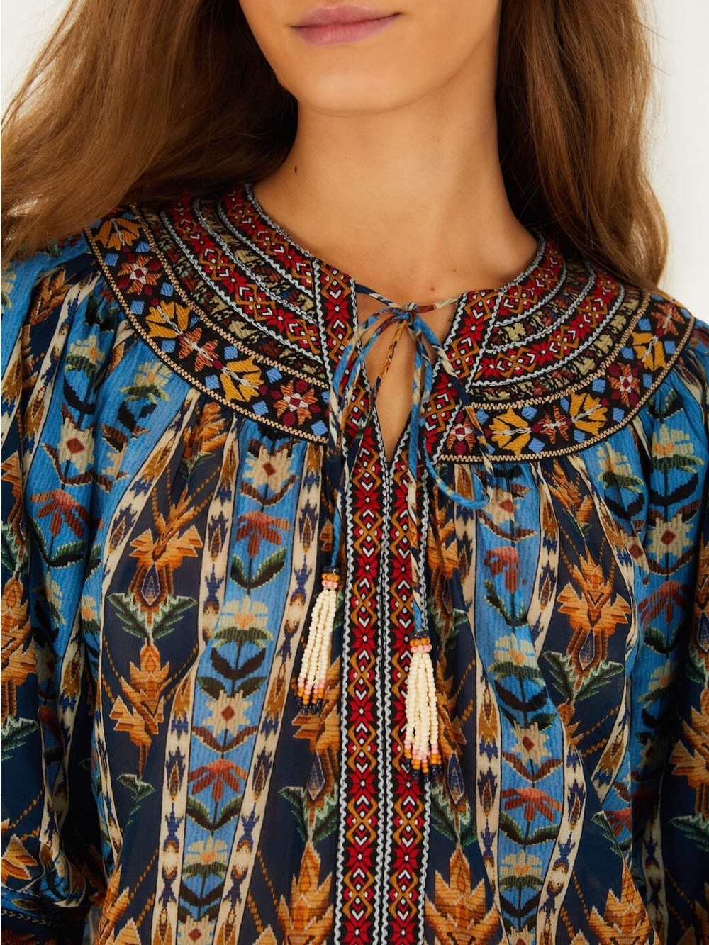 Farm Rio Blue Embroidered Tapestry Tassels Puff Sleeve Blouse - Picture 3 of 9